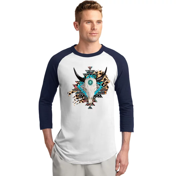 Aztec Bull Horns Pattern Design Baseball Sleeve Shirt