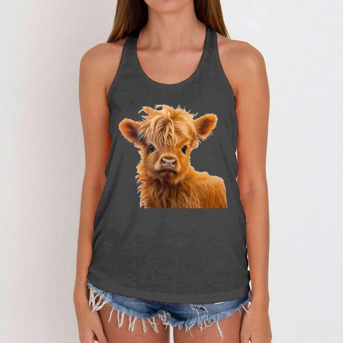 Adorable Baby Highland Cow Calf Women's Knotted Racerback Tank