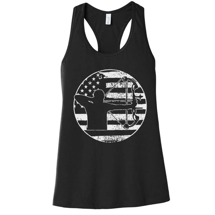 Archery Bow Hunting USA American Flag 4th Of July Gift Women's Racerback Tank