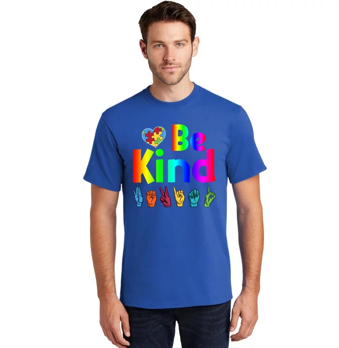 Autistic Be Kind Sign Language Autism Awareness Heart Puzzle Gift Tall T-Shirt