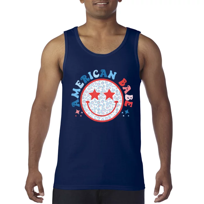 American Babe Leopard Smile Face 4th of July Wo Tank Top