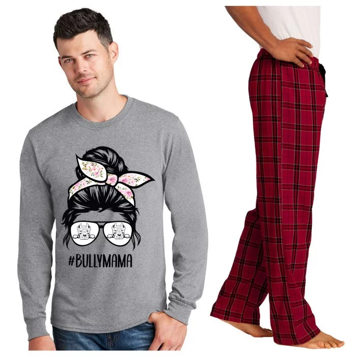 American Bully Mom Messy Bun Hair Glasses Bully Mama Gift Long Sleeve Pajama Set