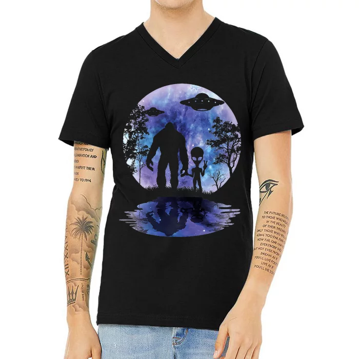 Alien Bigfoot Moon Sasquatch Ufo Extraterrestrial V-Neck T-Shirt