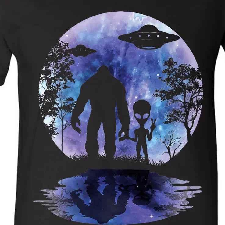 Alien Bigfoot Moon Sasquatch Ufo Extraterrestrial V-Neck T-Shirt