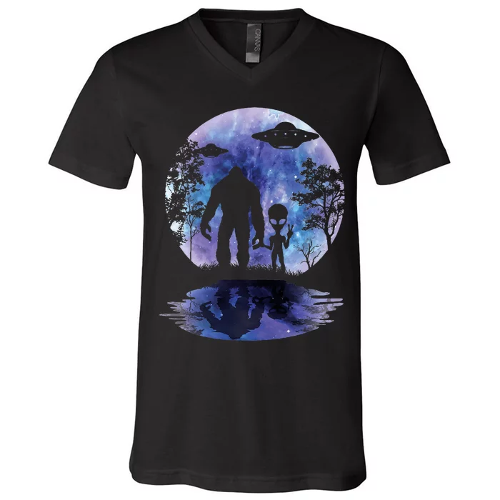 Alien Bigfoot Moon Sasquatch Ufo Extraterrestrial V-Neck T-Shirt