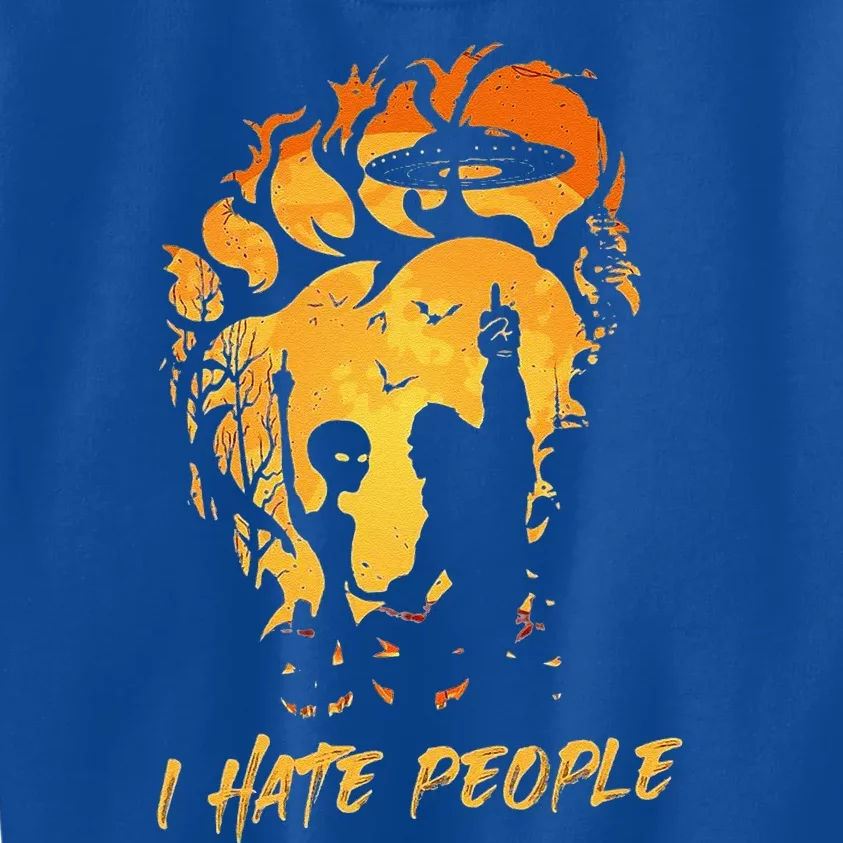 Alien Bigfoot Middle Finger I Hate People Funny Camping Kids Sweatshirt