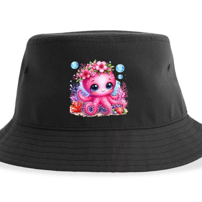 Adorable Baby Octopus Underwater Flower Coral Fish Ocean Sea Sustainable Bucket Hat