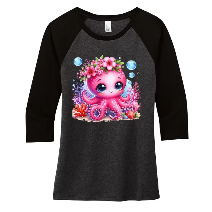 Adorable Baby Octopus Underwater Flower Coral Fish Ocean Sea Women's Tri-Blend 3/4-Sleeve Raglan Shirt