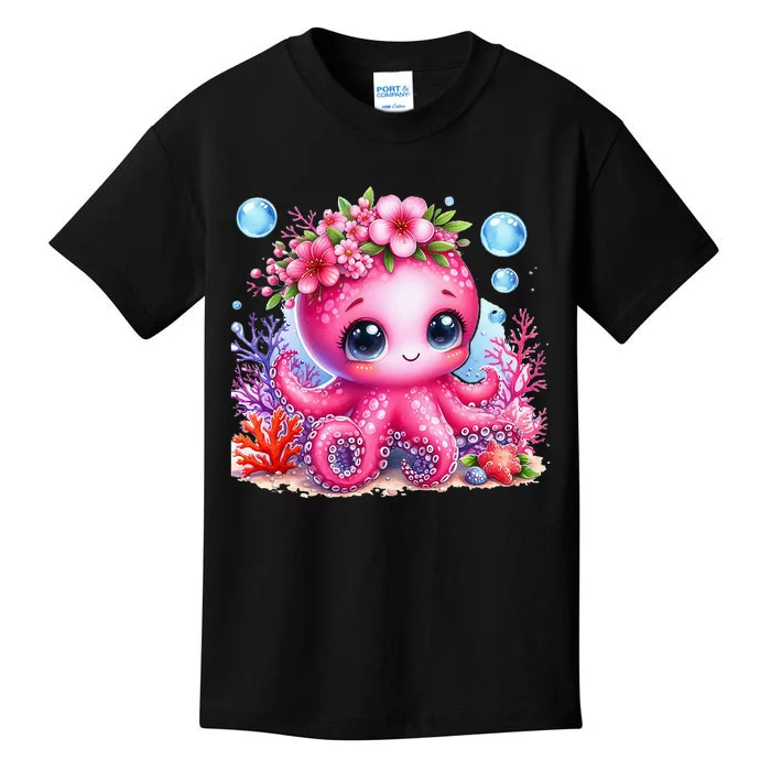 Adorable Baby Octopus Underwater Flower Coral Fish Ocean Sea Kids T-Shirt