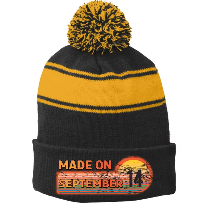 Awesome Born On 14th Birthday Vintage Made On September 14 Stripe Pom Pom Beanie