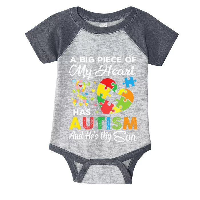 A Big Piece Of My Heart Has Autism And Hes My Son Infant Baby Jersey Bodysuit