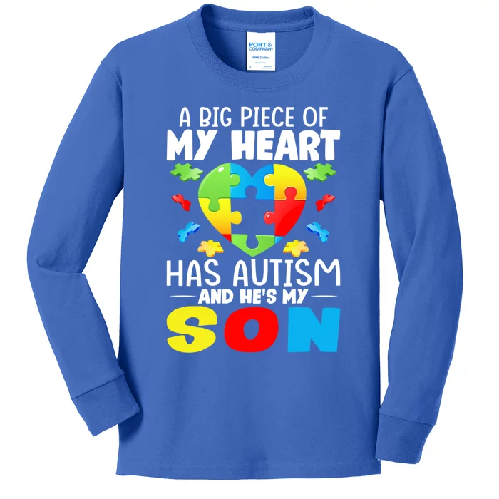 A Big Piece Of My Heart Has Autism And He's My Son Autism Funny Gift Kids Long Sleeve Shirt