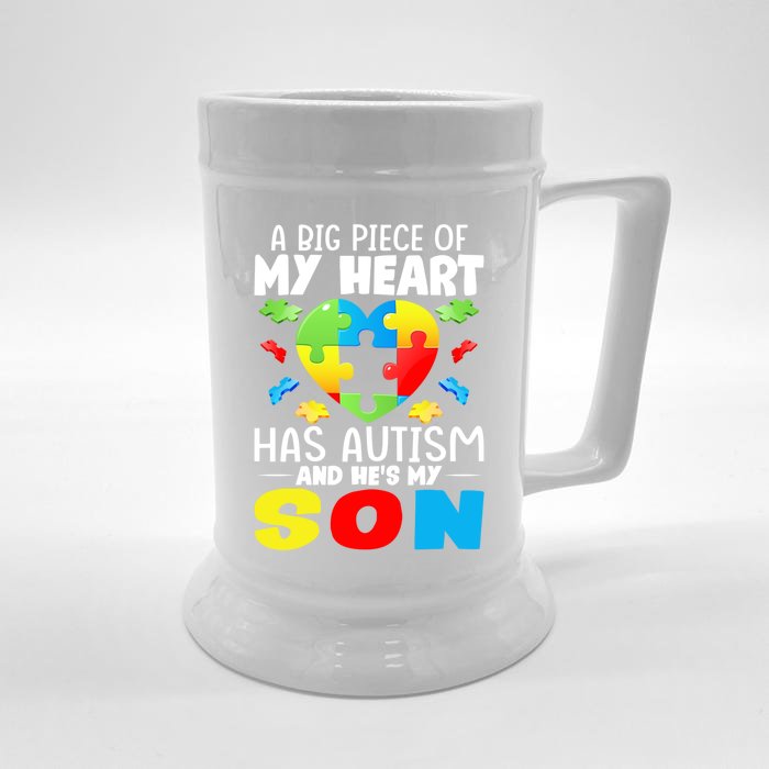 A Big Piece Of My Heart Has Autism And He's My Son Autism Funny Gift Front & Back Beer Stein