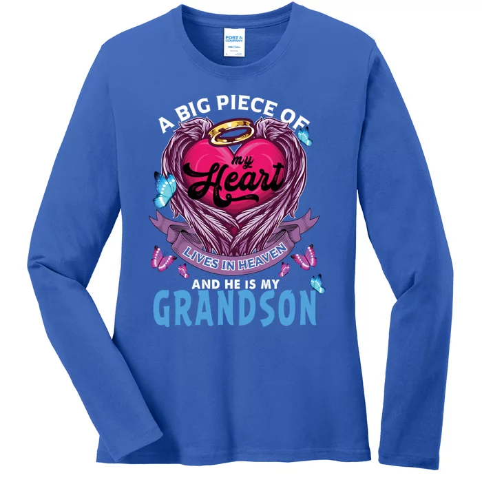 A Big Piece Of My Heart Lives In Heaven He Is My Grandson Funny Gift Ladies Long Sleeve Shirt