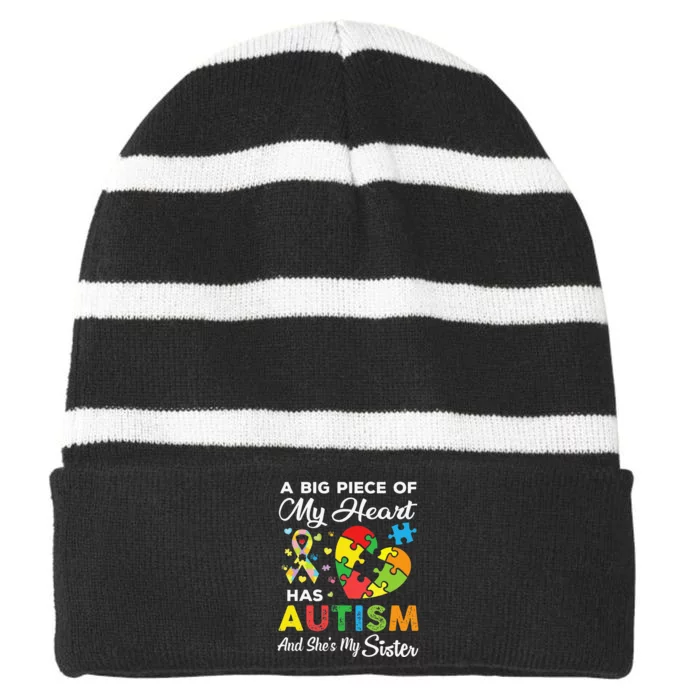 A Big Piece Of My Heart Has Autism and She's My Sister Striped Beanie with Solid Band