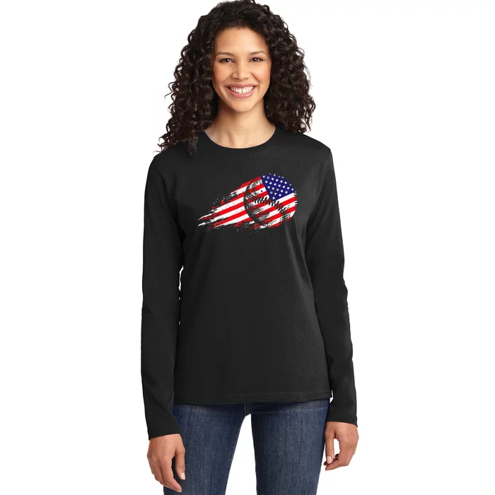 American Baseball Player USA Flag Ladies Long Sleeve Shirt