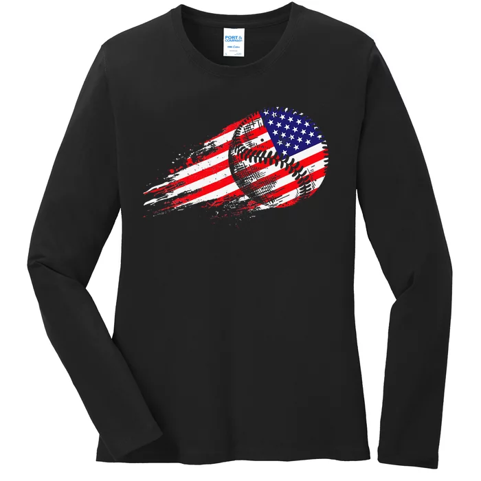 American Baseball Player USA Flag Ladies Long Sleeve Shirt