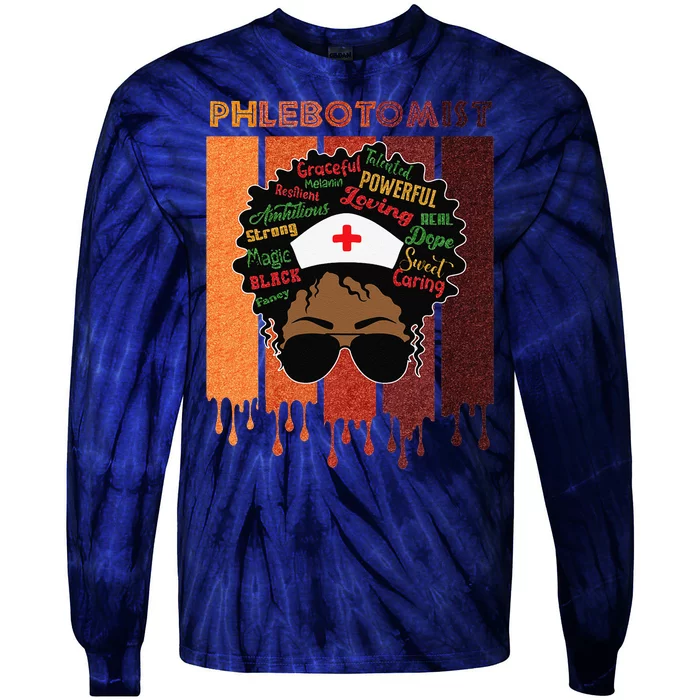 Afro Black Phlebotomist Queen Nurses Day Black History Month Tie-Dye Long Sleeve Shirt