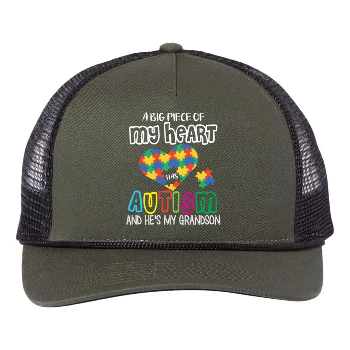 A Big Piece Of My Heart Has Autism Hes My Grandson Papa Nana Gift Retro Rope Trucker Hat Cap