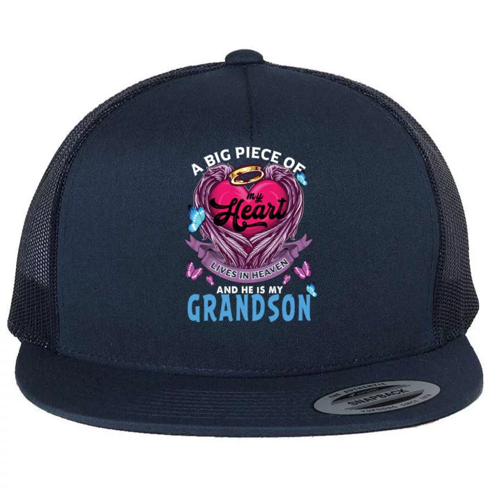 A Big Piece Of My Heart Lives In Heaven He Is My Grandson Gift Flat Bill Trucker Hat