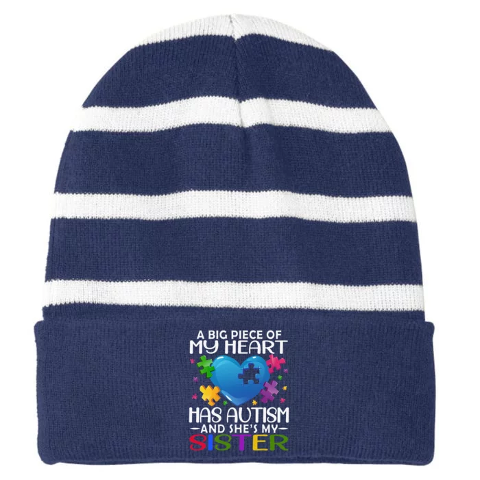 A Big Piece Of My Heart Has Autism And She's My Sister Striped Beanie with Solid Band