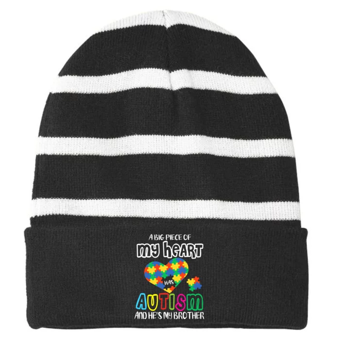 A Big Piece Of My Heart Has Autism And He's My Brother Striped Beanie with Solid Band