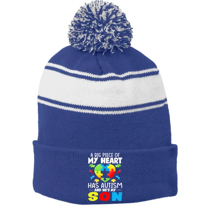 A Big Piece Of My Heart Has Autism And He's My Son Autism Gift Stripe Pom Pom Beanie