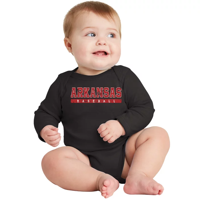 Arkansas Baseball Red Vintage Text Baby Long Sleeve Bodysuit