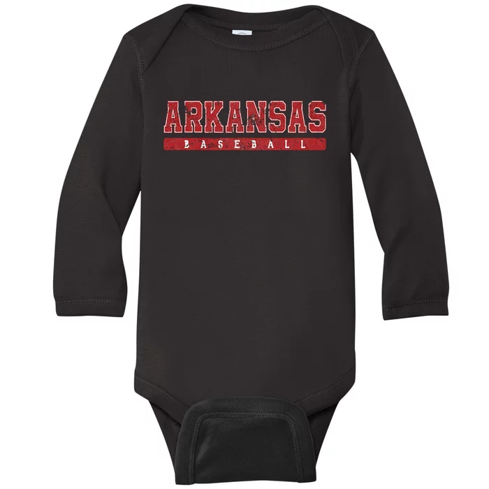 Arkansas Baseball Red Vintage Text Baby Long Sleeve Bodysuit