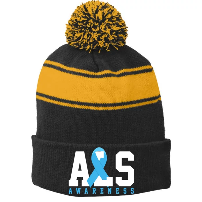 Als Blue Ribbon Awareness Stripe Pom Pom Beanie