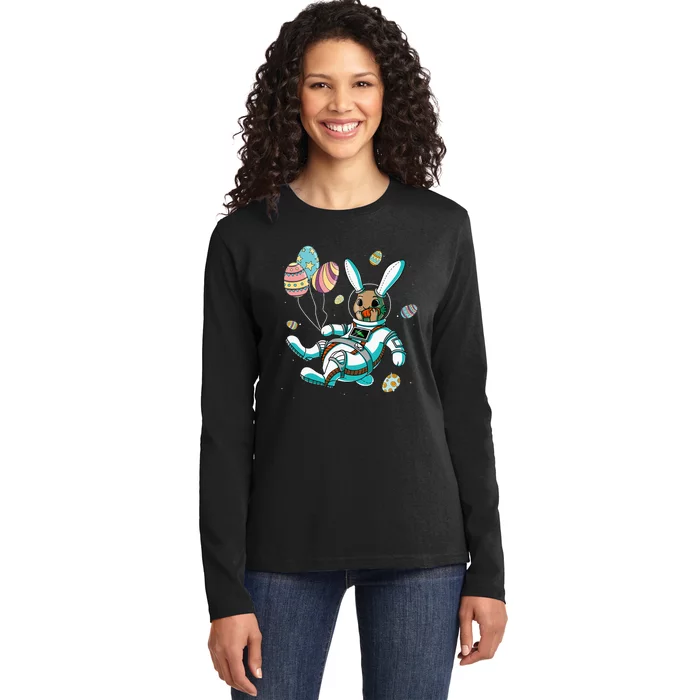 Astronaut Bunny Rabbit Planet Egg Easter Day Ladies Long Sleeve Shirt