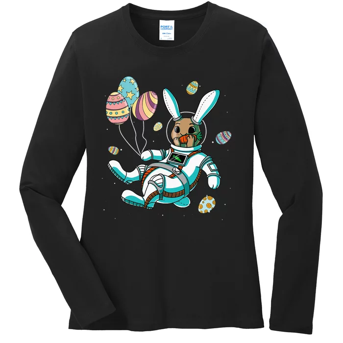 Astronaut Bunny Rabbit Planet Egg Easter Day Ladies Long Sleeve Shirt