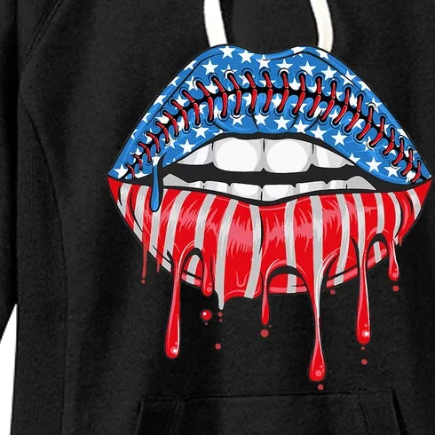 American Baseball stitches Flag Lips 4th Of July Patriotic Women's Fleece Hoodie