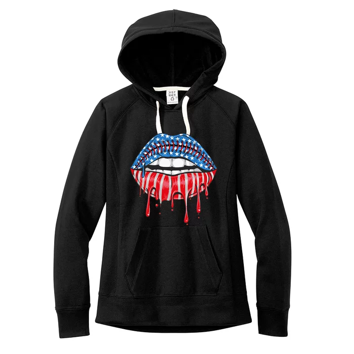 American Baseball stitches Flag Lips 4th Of July Patriotic Women's Fleece Hoodie