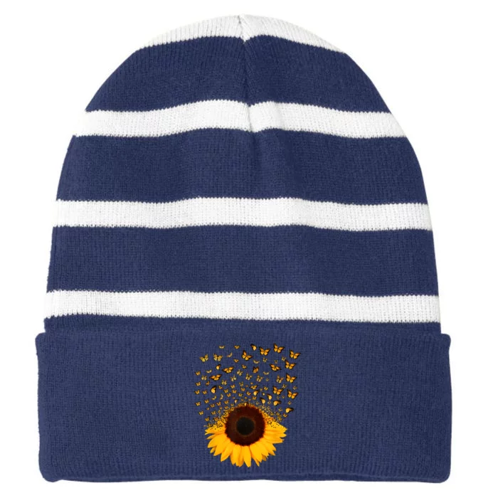 Adorable Butterfly Sunflower Striped Beanie with Solid Band