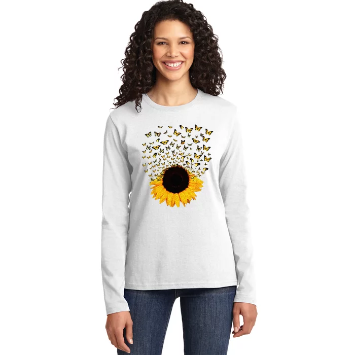 Adorable Butterfly Sunflower Ladies Long Sleeve Shirt