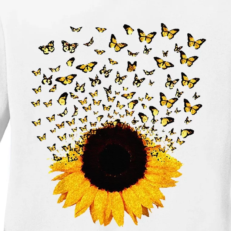 Adorable Butterfly Sunflower Ladies Long Sleeve Shirt