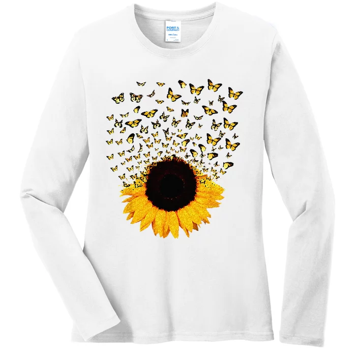 Adorable Butterfly Sunflower Ladies Long Sleeve Shirt