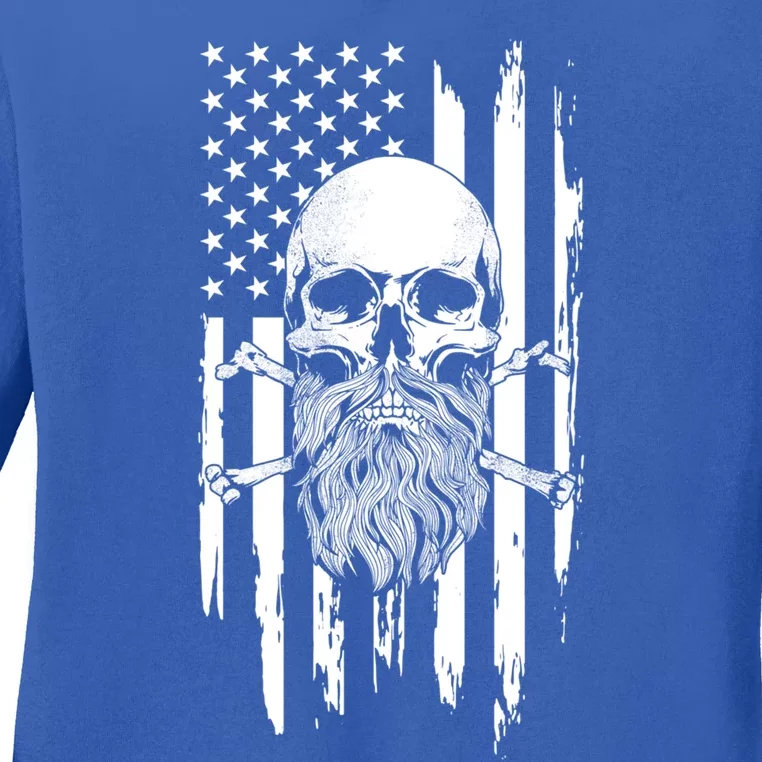 American Bearded Skull And Crossbones Flag 4th Of July Cool Gift Ladies Long Sleeve Shirt