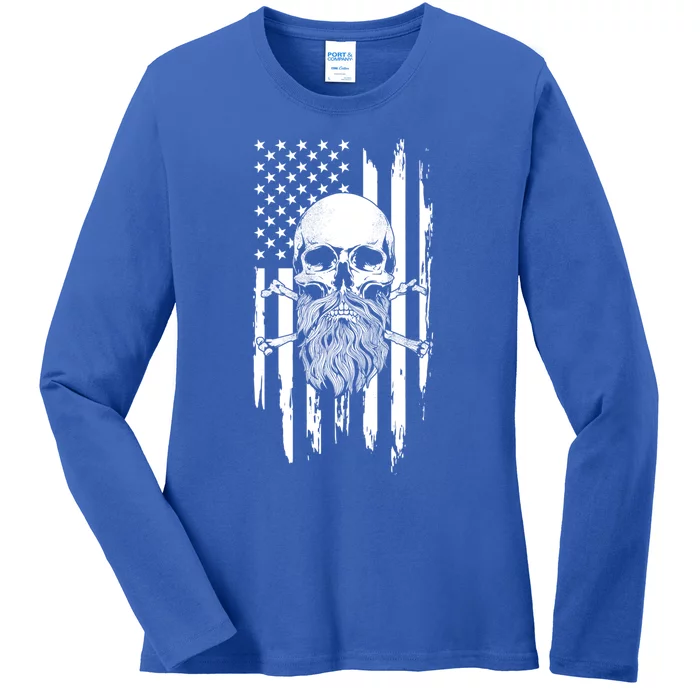 American Bearded Skull And Crossbones Flag 4th Of July Cool Gift Ladies Long Sleeve Shirt