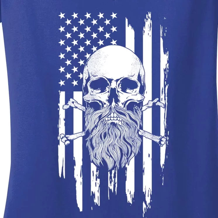 American Bearded Skull And Crossbones Flag 4th Of July Cool Gift Women's V-Neck T-Shirt