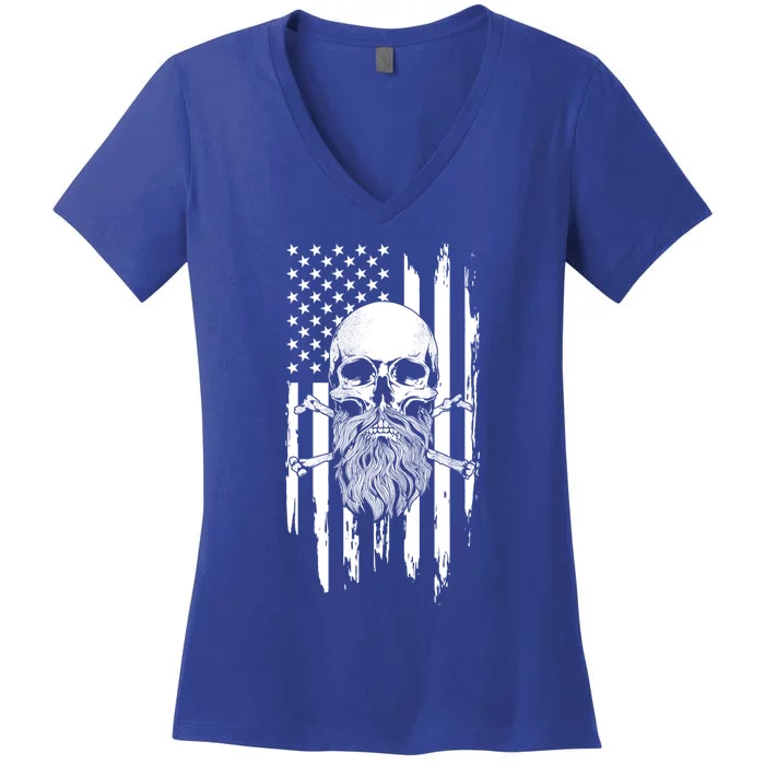 American Bearded Skull And Crossbones Flag 4th Of July Cool Gift Women's V-Neck T-Shirt