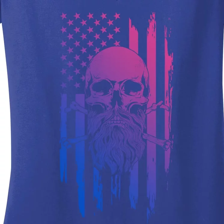 American Bearded Skull And Crossbones Flag 4th Of July Cute Gift Women's V-Neck T-Shirt