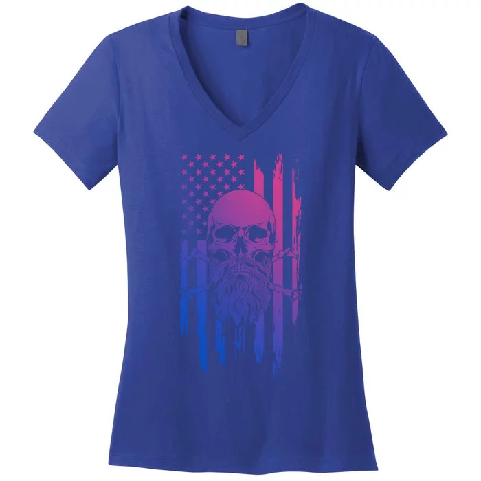 American Bearded Skull And Crossbones Flag 4th Of July Cute Gift Women's V-Neck T-Shirt