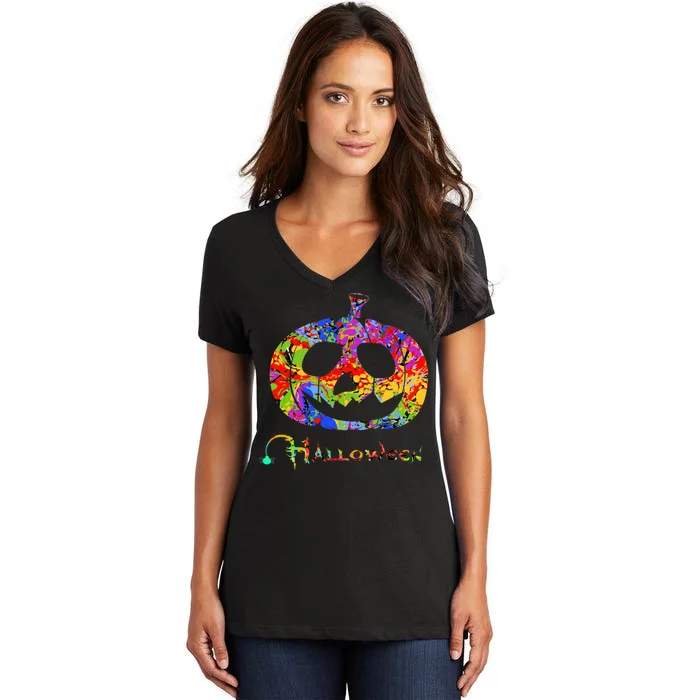 Abstract Halloween Pumpkin Women's V-Neck T-Shirt