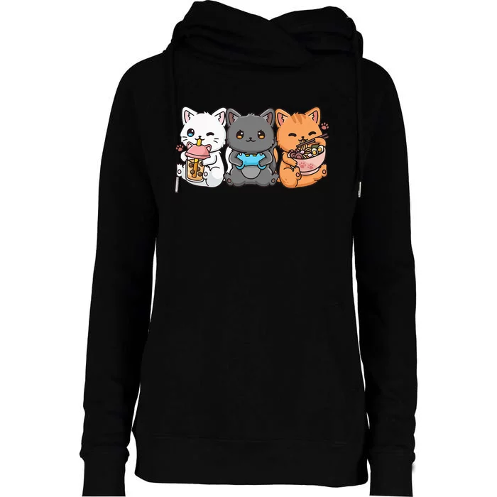 Anime Boba Tea Bubble Tea Gaming Gamer Ramen Cat Womens Funnel Neck Pullover Hood