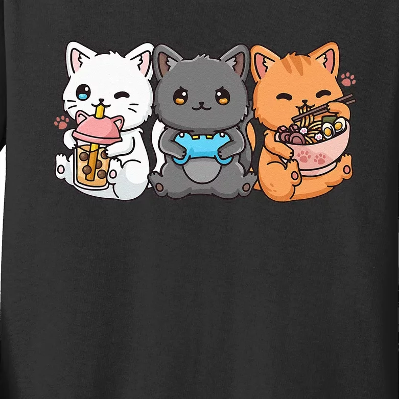 Anime Boba Tea Bubble Tea Gaming Gamer Ramen Cat Kids Long Sleeve Shirt