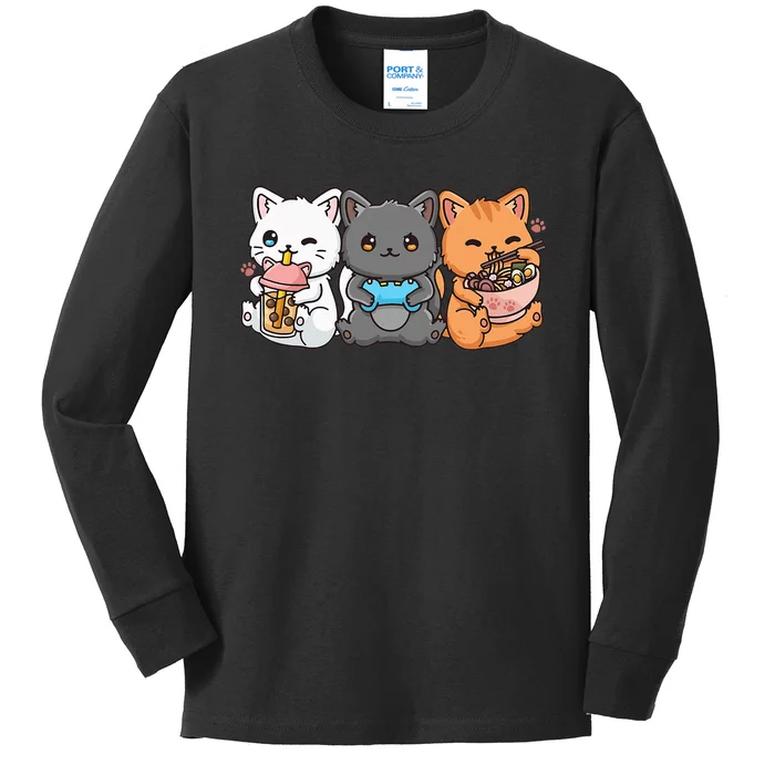 Anime Boba Tea Bubble Tea Gaming Gamer Ramen Cat Kids Long Sleeve Shirt