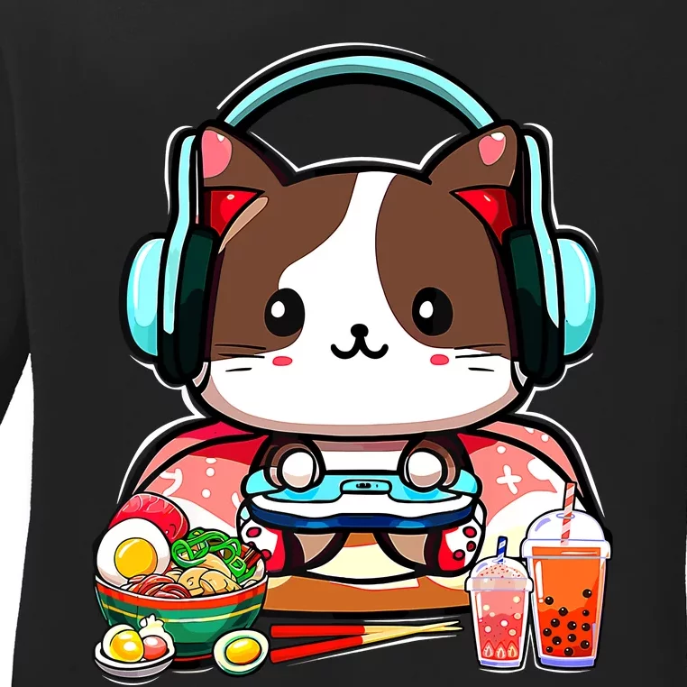 Anime Boba Tea Bubble Tea Gaming Gamer Ramen Cat Ladies Long Sleeve Shirt