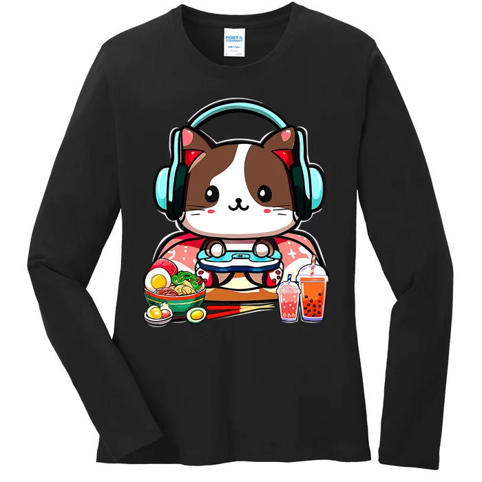 Anime Boba Tea Bubble Tea Gaming Gamer Ramen Cat Ladies Long Sleeve Shirt